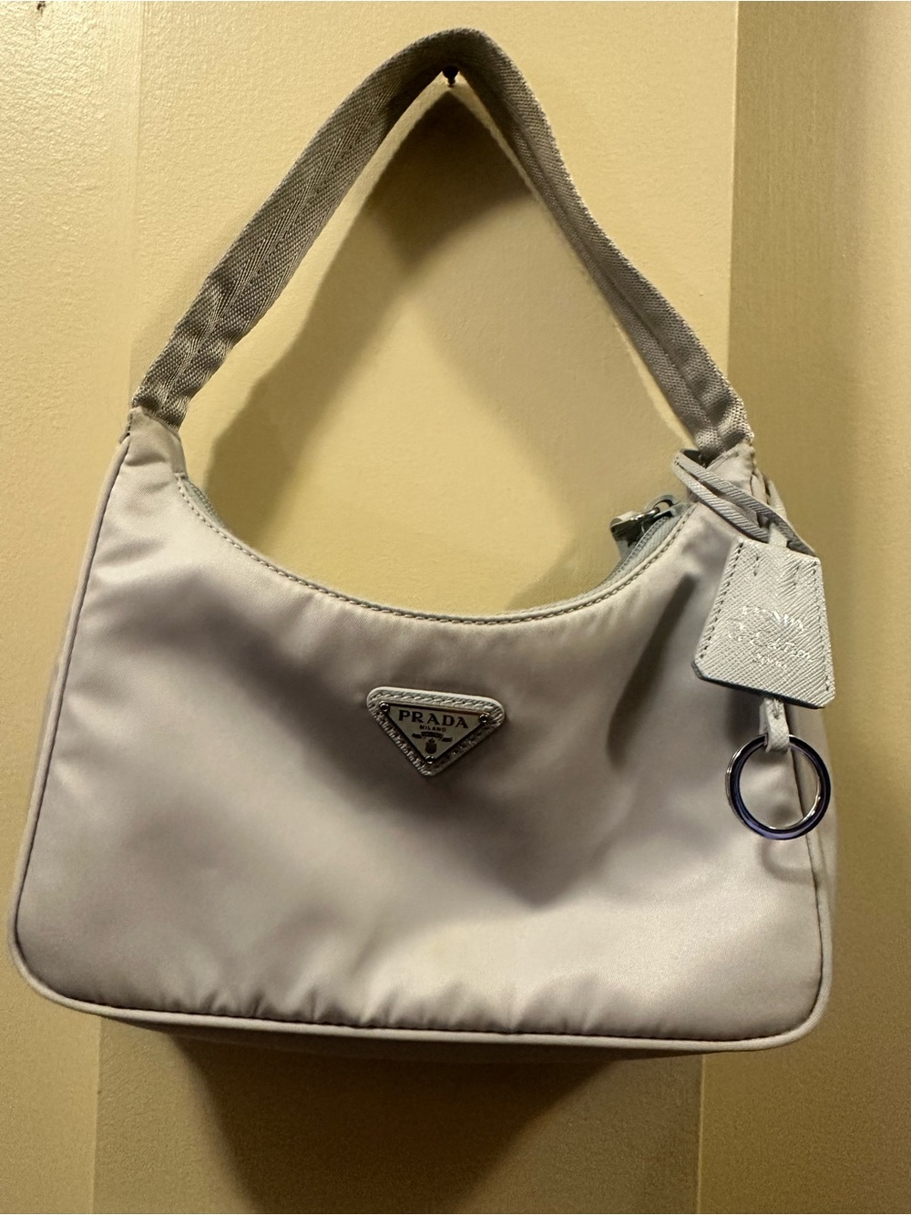 Prada Light Gray Nylon Shoulder Bag with Silver Logo
